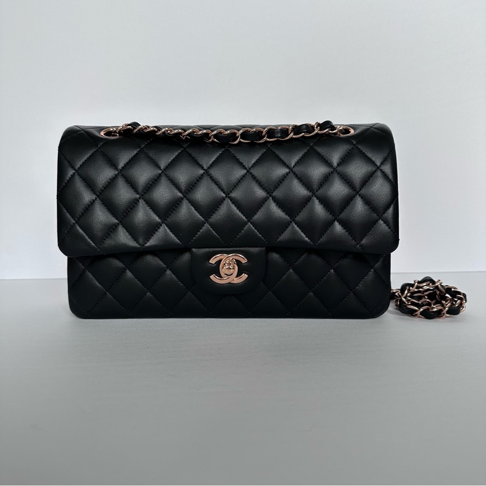21B Chanel Medium Black Lambskin Classic Flap with Rose Gold Hardware